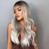 Long wavy full wig for women and girls, middle parting bangs, dark brown roots, 22-inch heat-resistant synthetic natural appearance fake details Picture